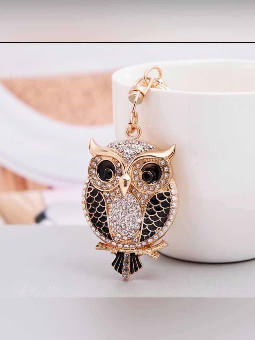 Gold & Black Crystal Owl Keychain Charm with Strap